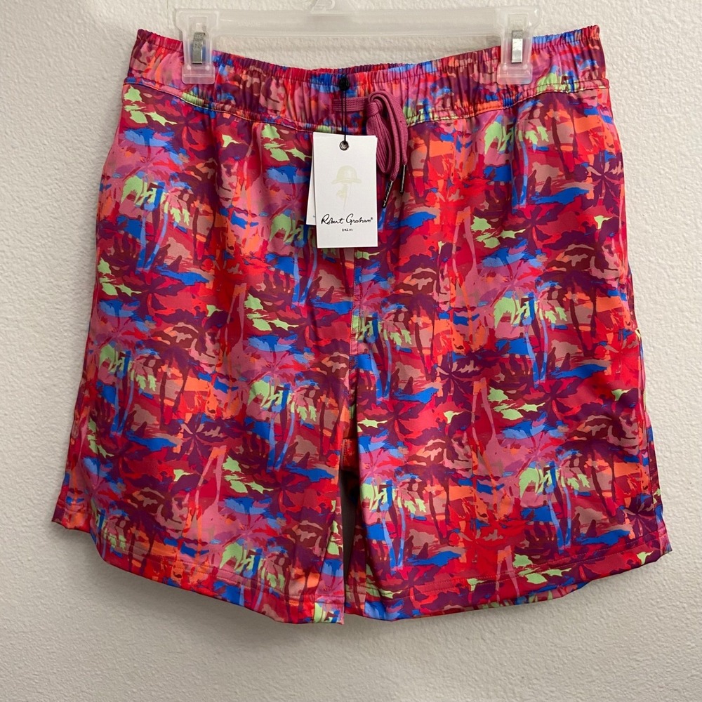 Robert Graham Men's Sz‎ M Palm Trees Swim Trunks Shorts Red Multi Hydrocool NEW
